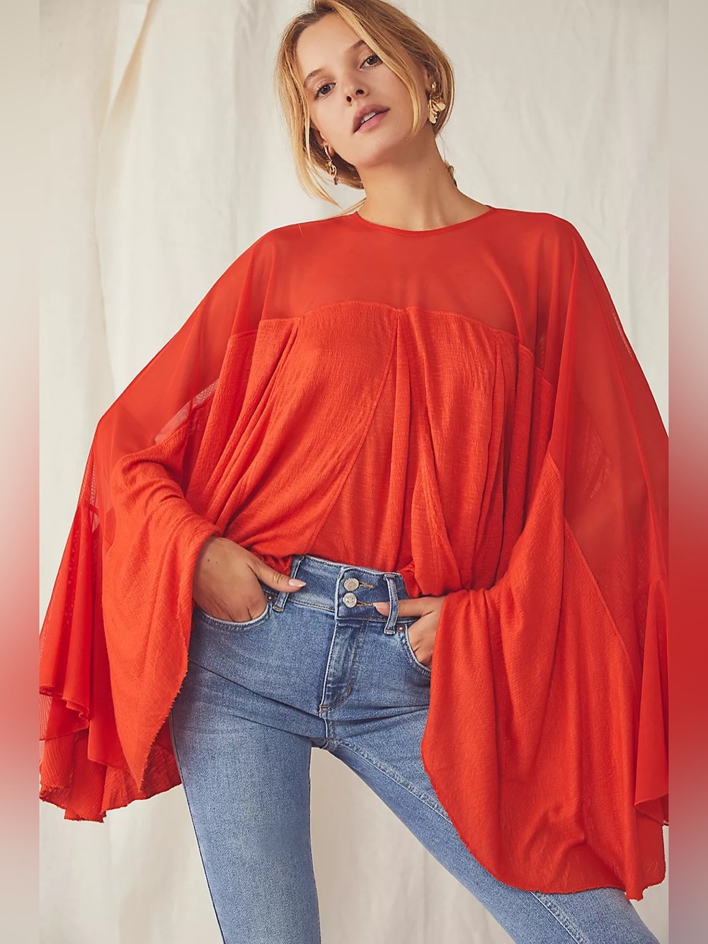 Free People On The Weekend Flounce Sleeve Tunic Top in Persimmon Size Medium NWT
